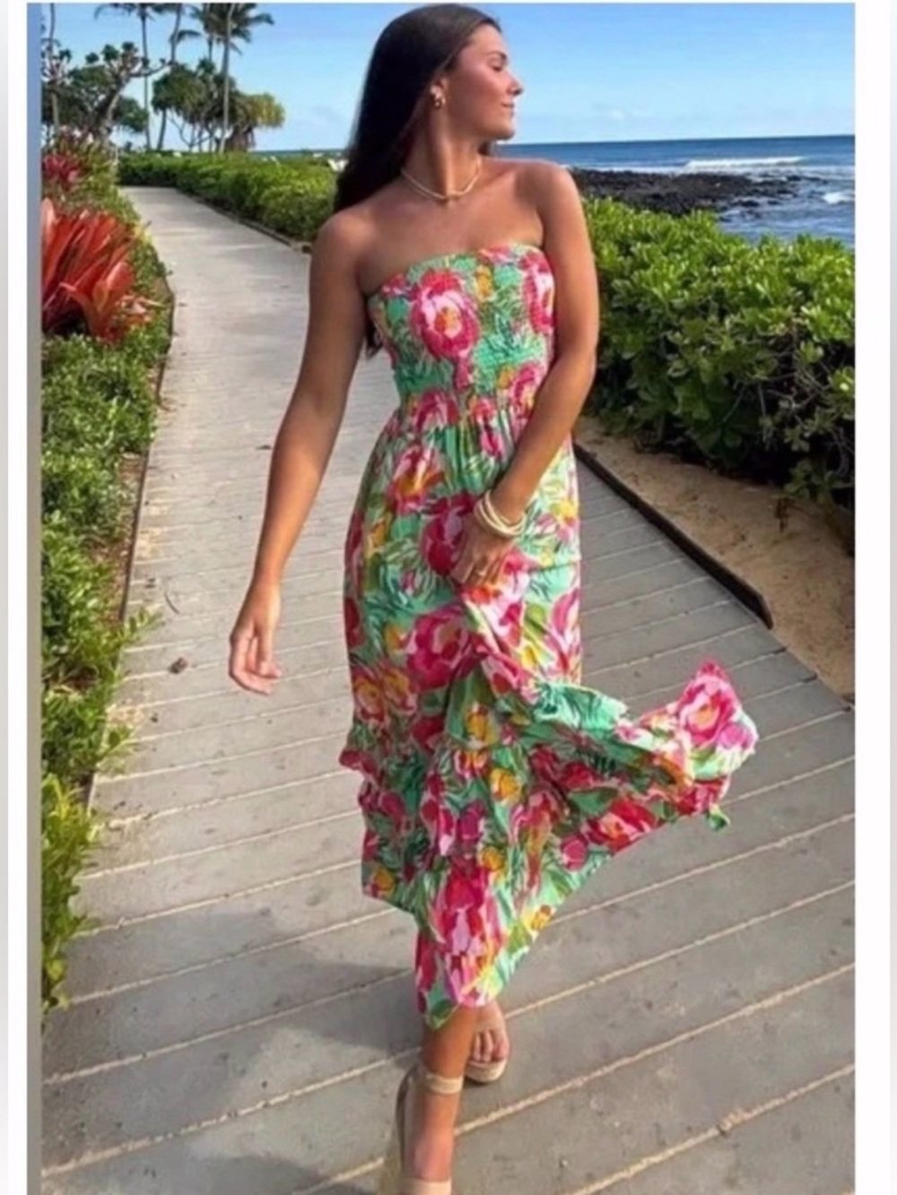 Floral Maxi Dress in Aqua with Pink & Yellow Blooms